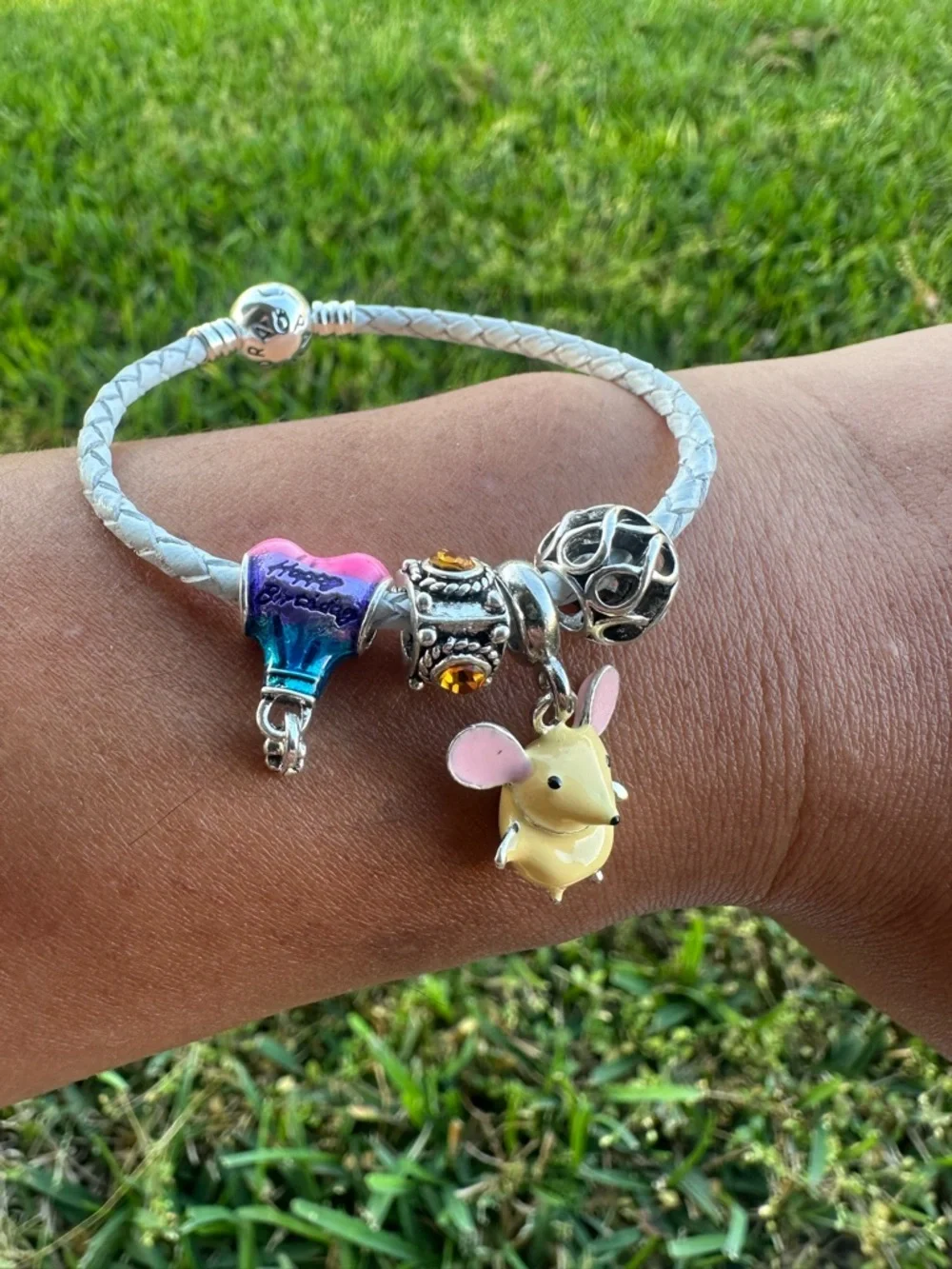 Pandora White Braided Bracelet with Yellow Mouse and Pink Shoe Charms - Picture 7 of 7